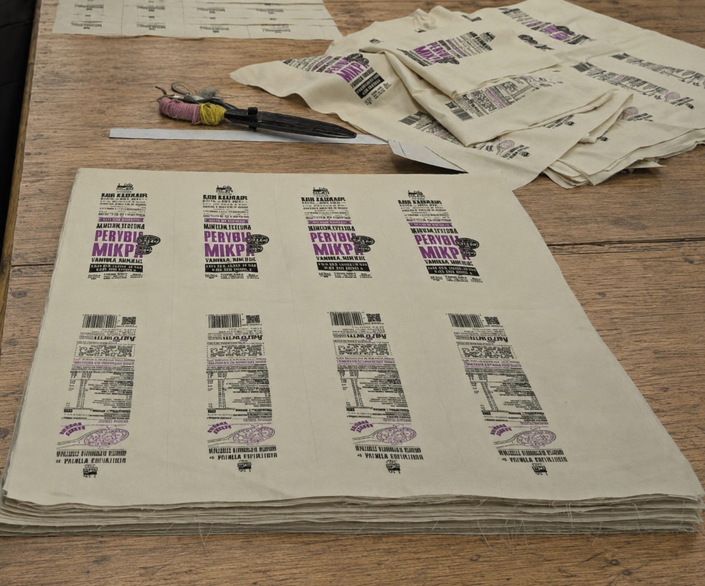 Printed woven cotton retail bags stacked on a workbench, part-made