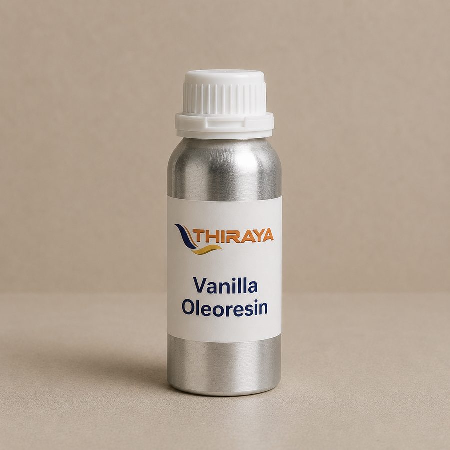 Vanilla oleoresin, dark and viscous, in a glass dish