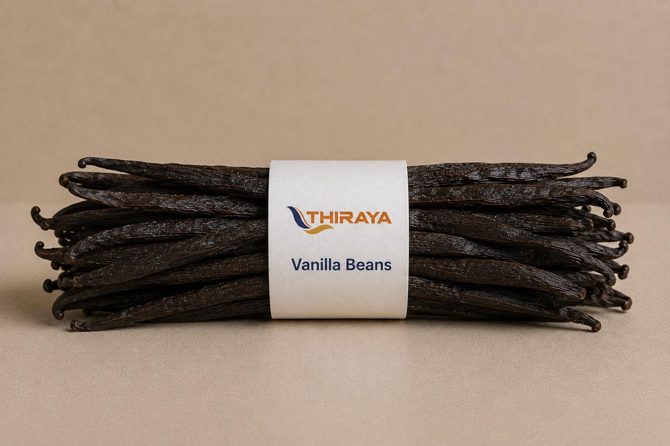 A bundle of whole cured vanilla beans held by a Thiraya paper band