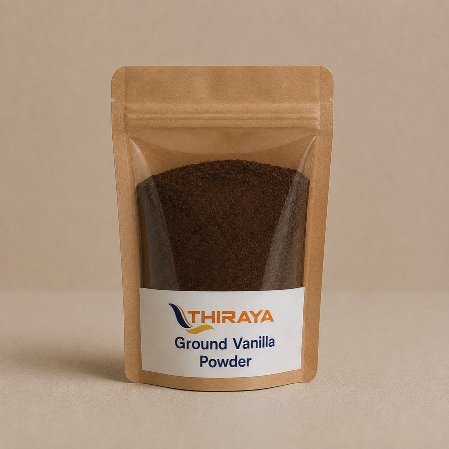 A kraft stand-up pouch of ground vanilla powder with a Thiraya label