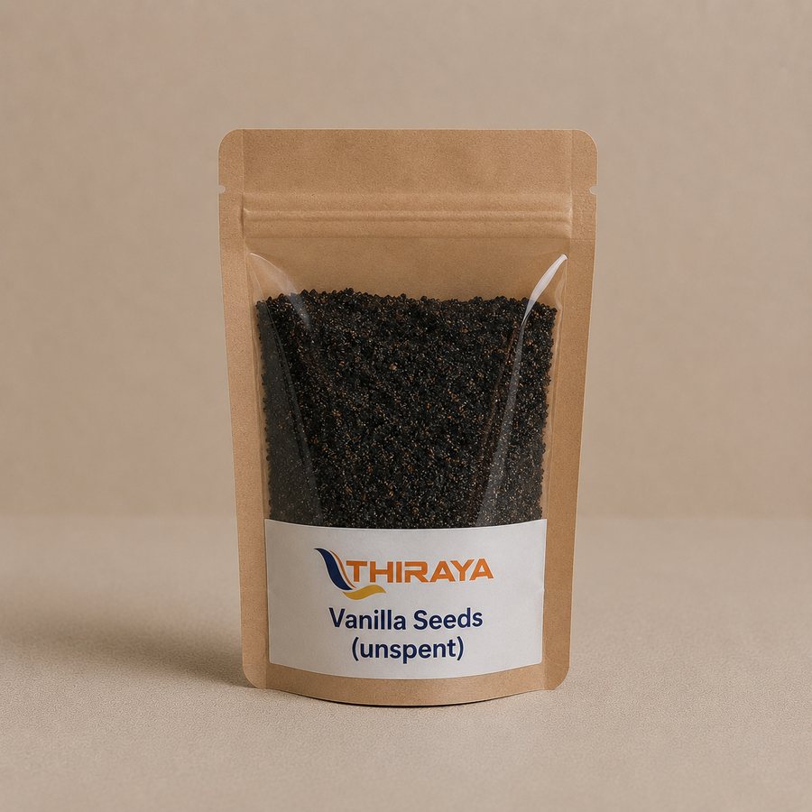 A kraft stand-up pouch of unspent vanilla seed with a Thiraya label